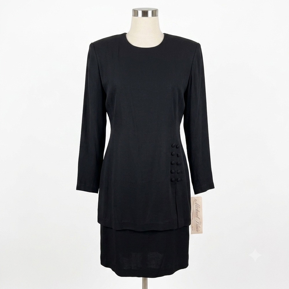Vintage Michael Blair Black Dress 8 Made USA ILGWU Rayon Acetate Shoulder Pad‎